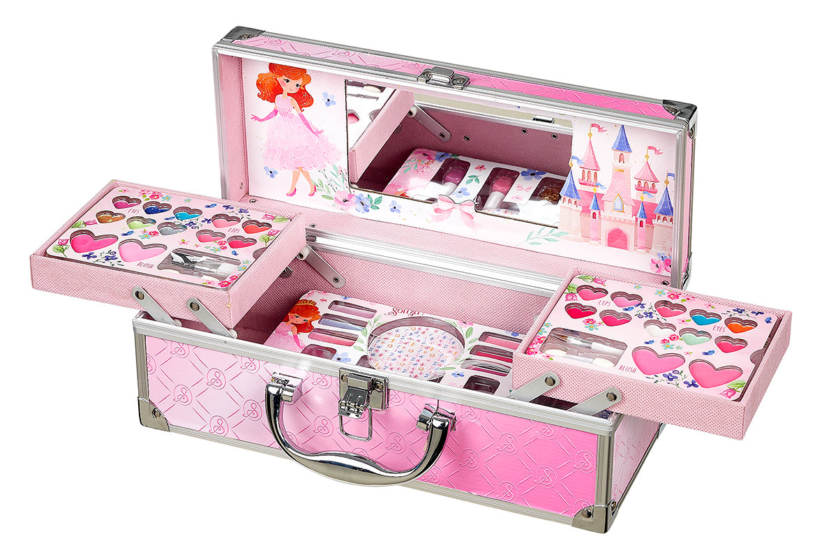 Pink toy makeup set with mirror and various compartments 