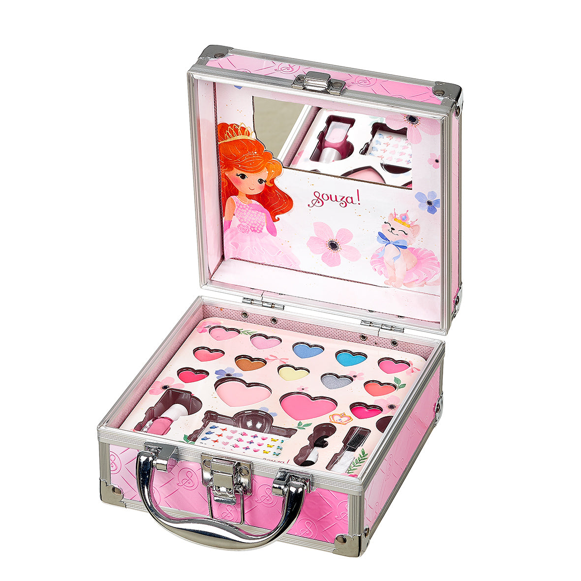 Children's makeup set in a pink suitcase with mirror and various cosmetic items 