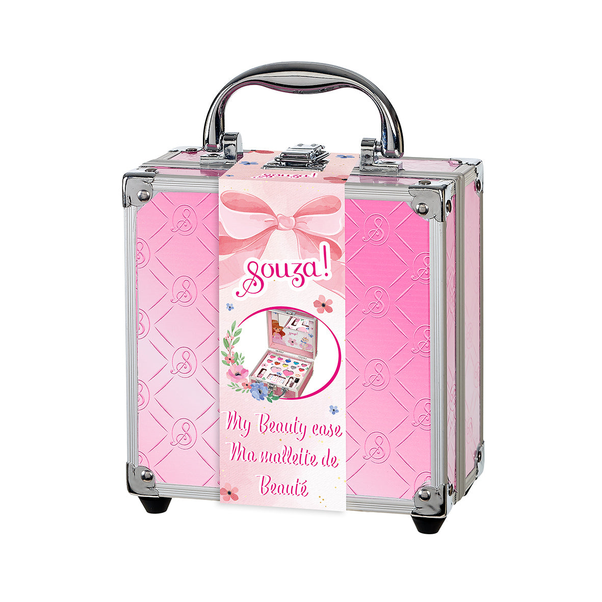 Pink and silver beauty case with 'Souza!' branding