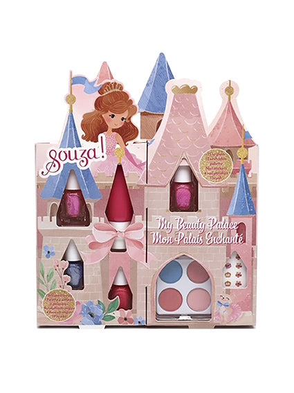 Children's makeup set with castle design packaging featuring a doll and cosmetic items by Souza!