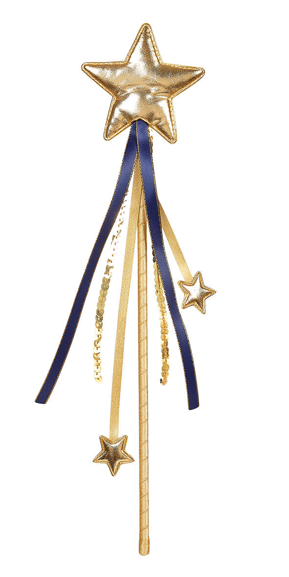 Decorative wand with gold and blue accents and star designs on a white background