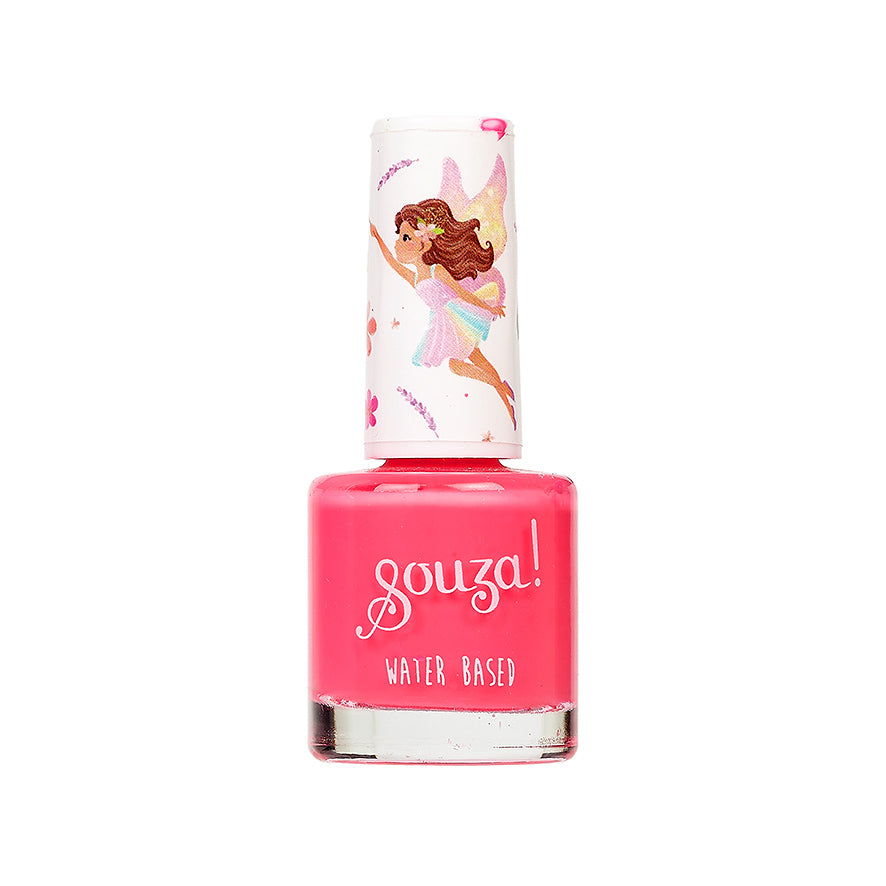 Pink water-based nail polish bottle with a cartoon character on the cap against a white background