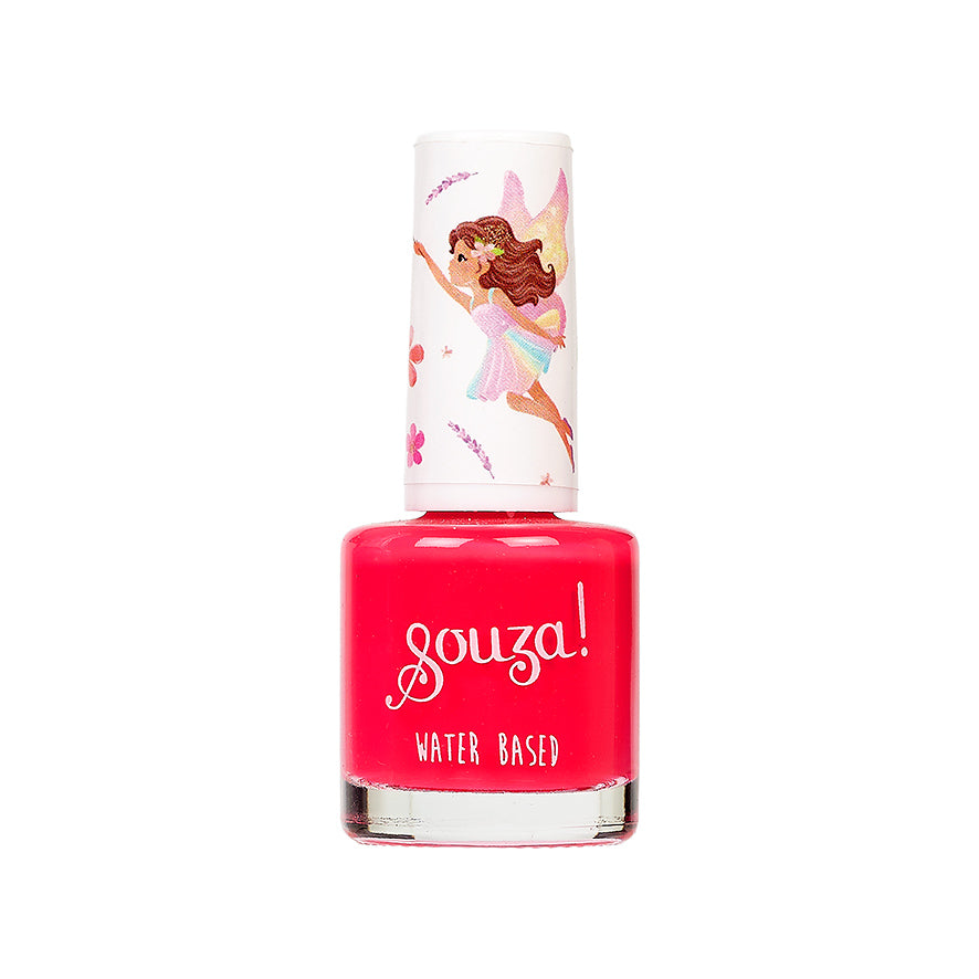 Pink nail polish bottle with fairy design on cap against a white background