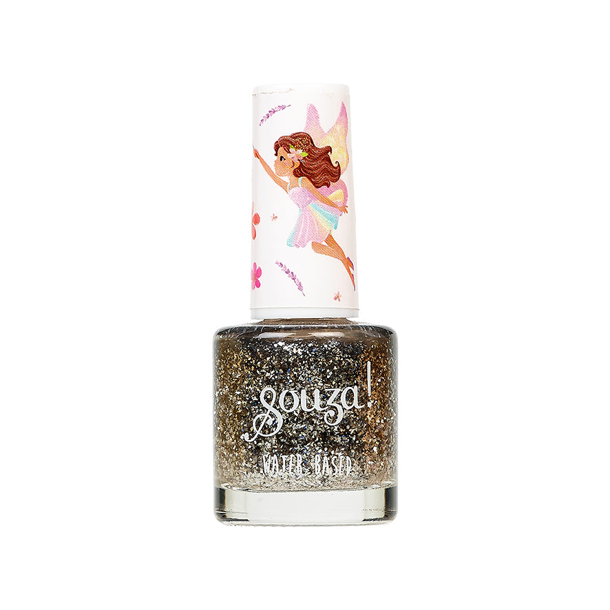 Nail polish bottle with glittery gold color and 'gouza!' branding on a white background