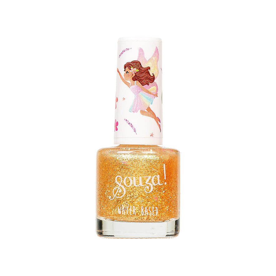 Orange glitter nail polish with fairy design on label against white background