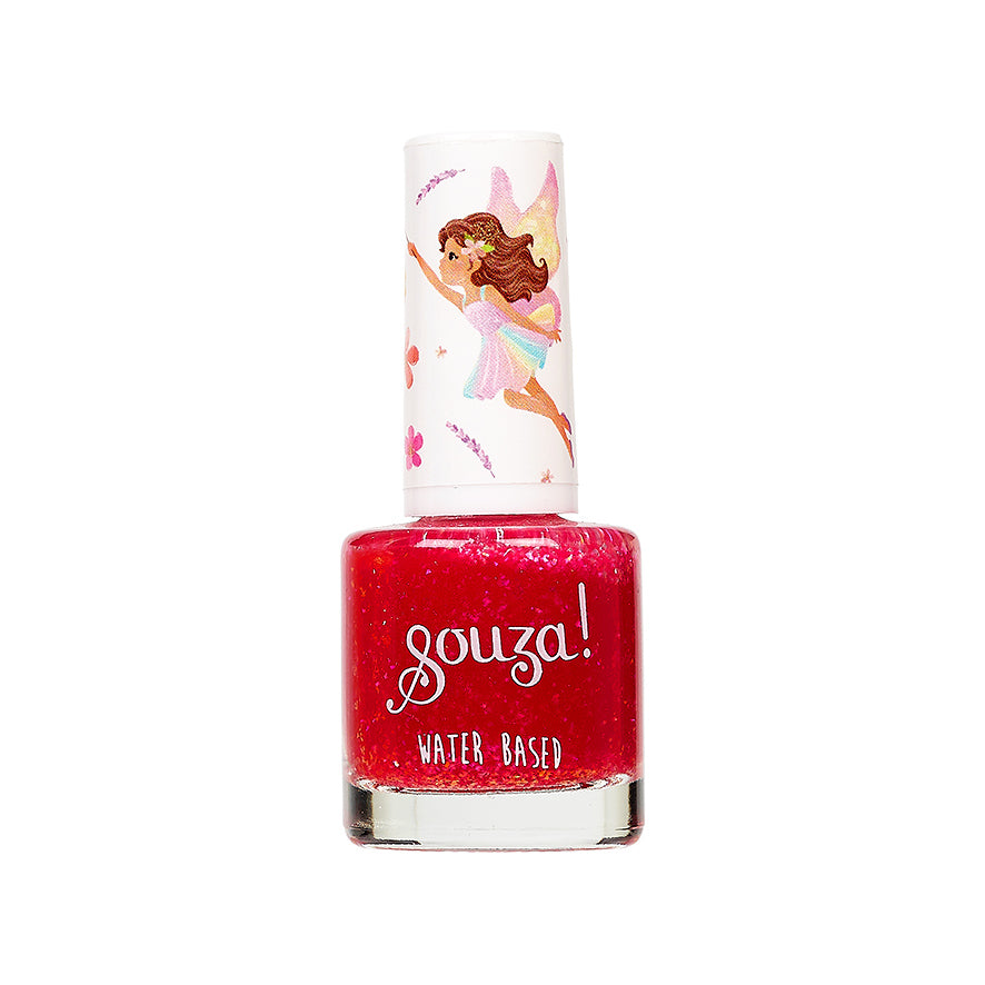Red nail polish bottle with fairy design on cap against a white background
