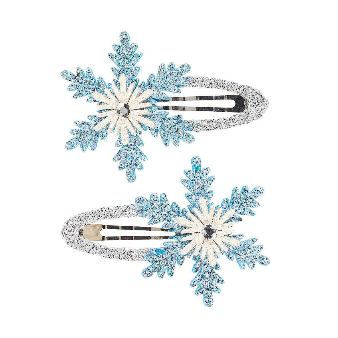 Two snowflake-shaped hair clips with blue and silver details on a white background by Souza!