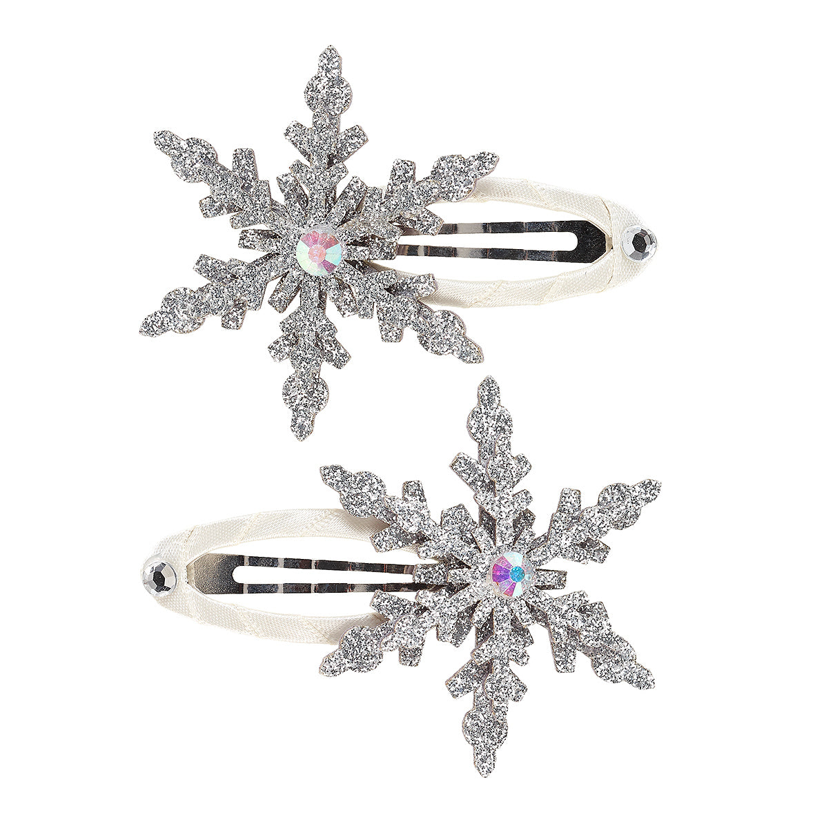 Two snowflake-shaped hair clips with rhinestone centers on a white background by Souza!