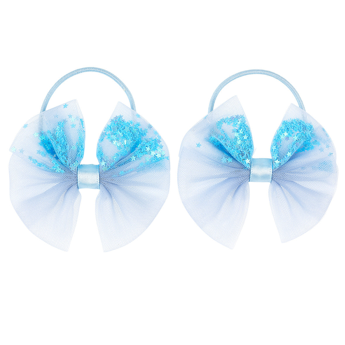 Two blue and white hair bows on elastic bands against a white background by Souza!