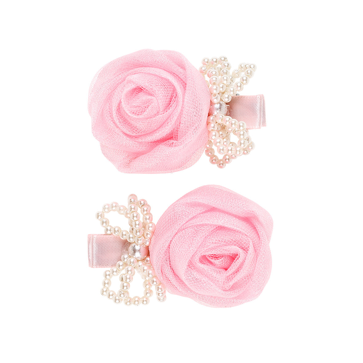 Two pink rose-shaped hair clips with pearl details on a white background by Souza!