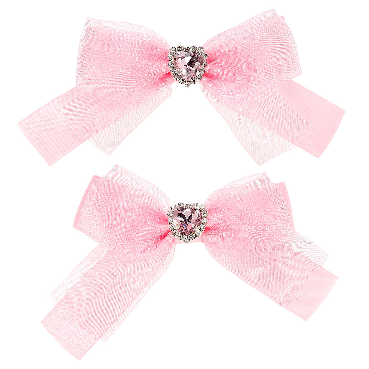 Two pink bows with heart-shaped brooches on a white background by Souza!