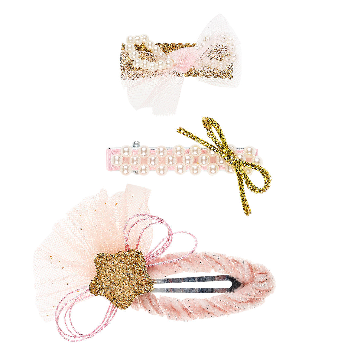 Set of decorative hair accessories including a headband, clip, and barrette on a white background. by Souza!