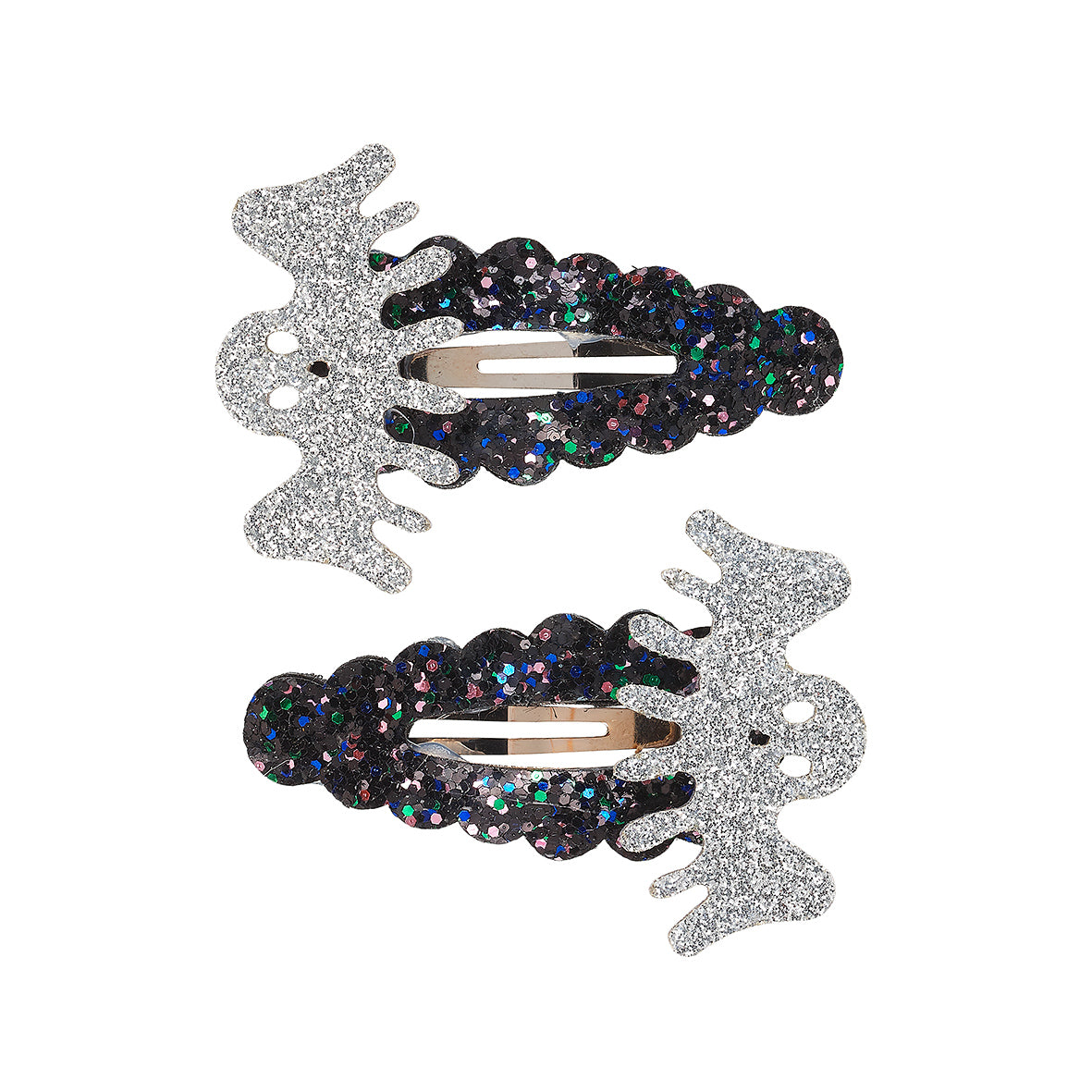 Two decorative hair clips with glittery ghosts on a white background by Souza!