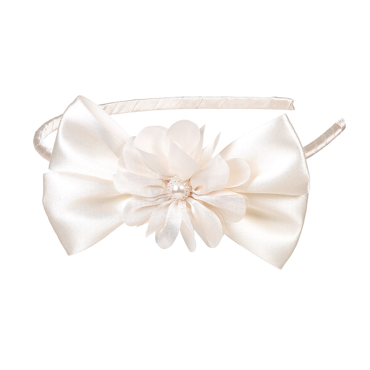 White headband with a large bow and pearl center on a white background by Souza!