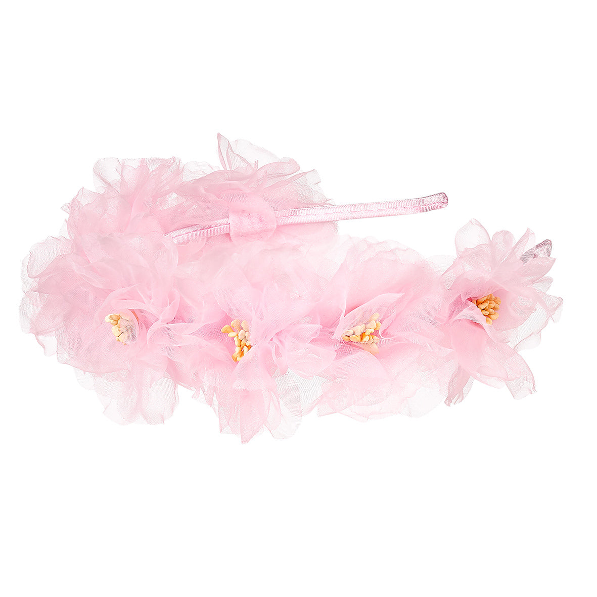 Pink feathered headband with flowers on a white background