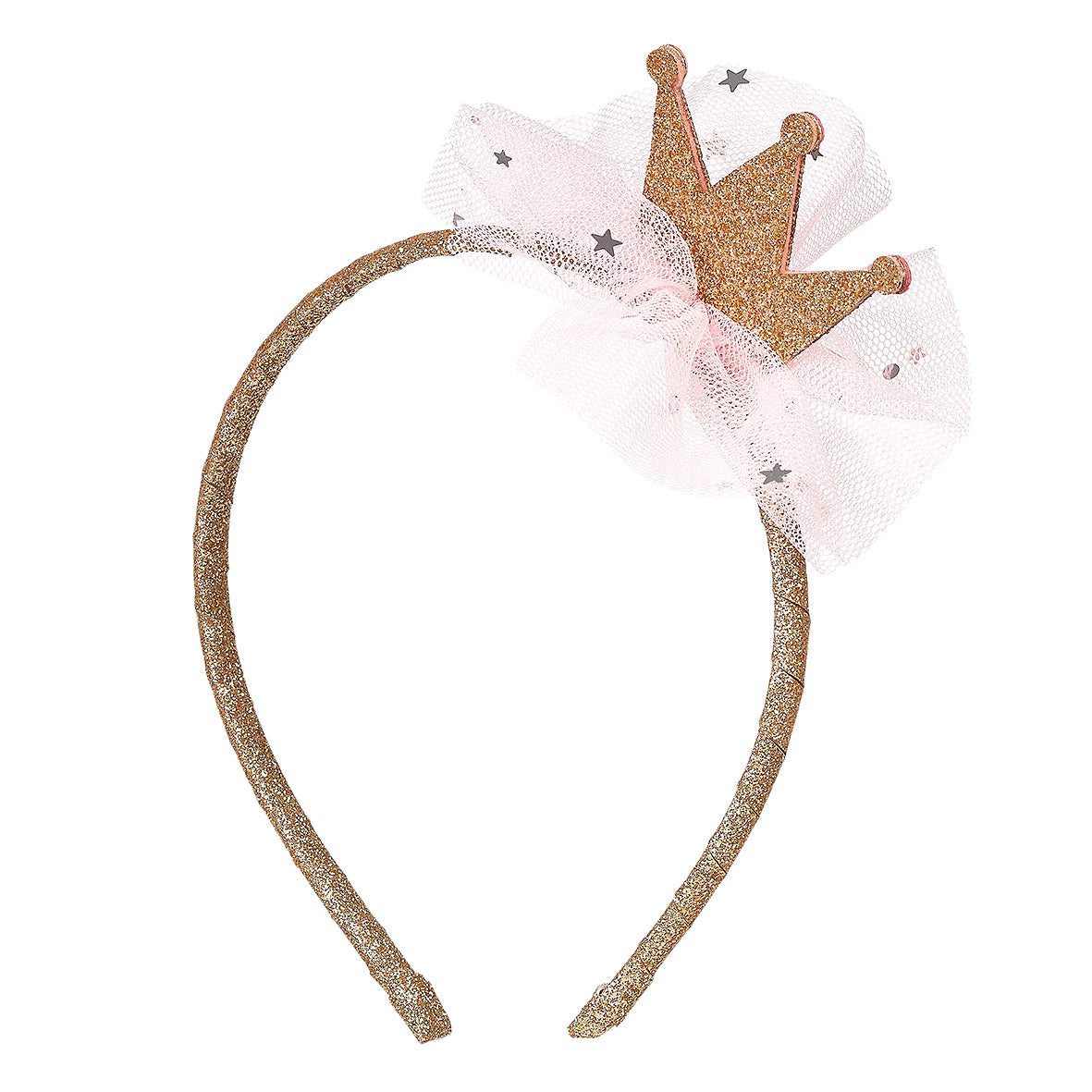 Gold glitter headband with a crown and lace bow by Souza!