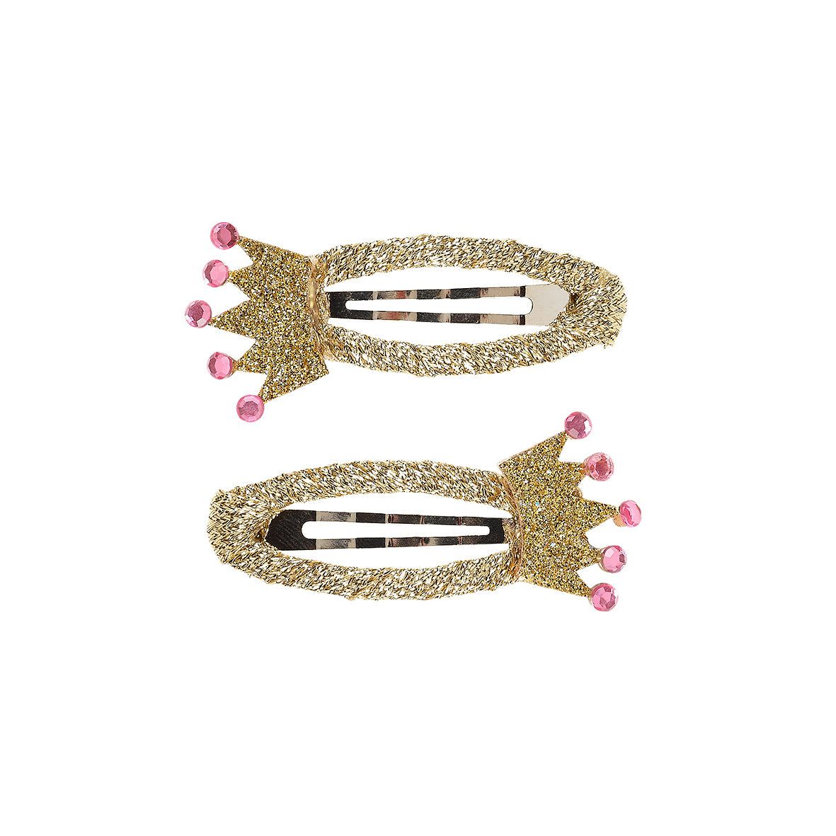 Two gold crown-shaped hair clips with pink centers by Souza!
