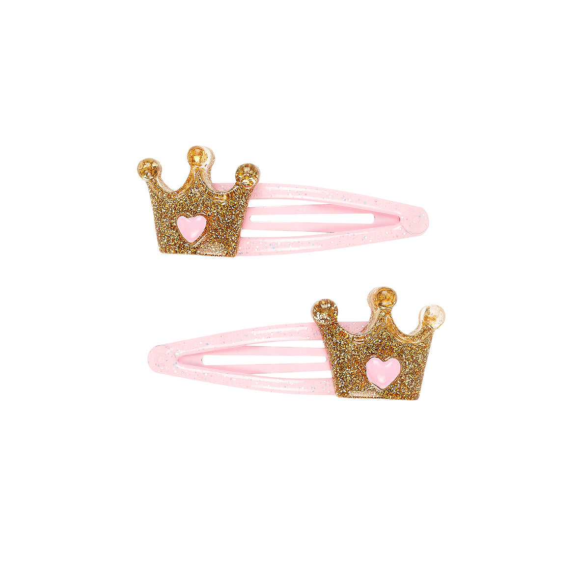 Two pink hair ties with gold crown designs and pink hearts by Souza!