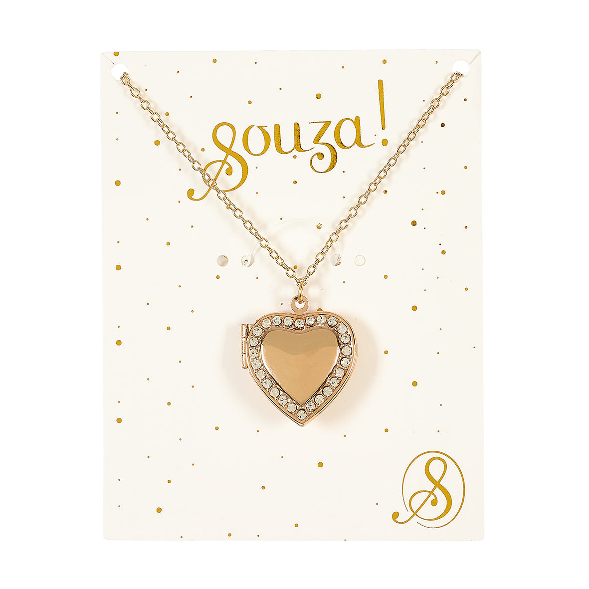 Gold heart-shaped locket necklace on a 'Souza!' branded card with gold polka dots.