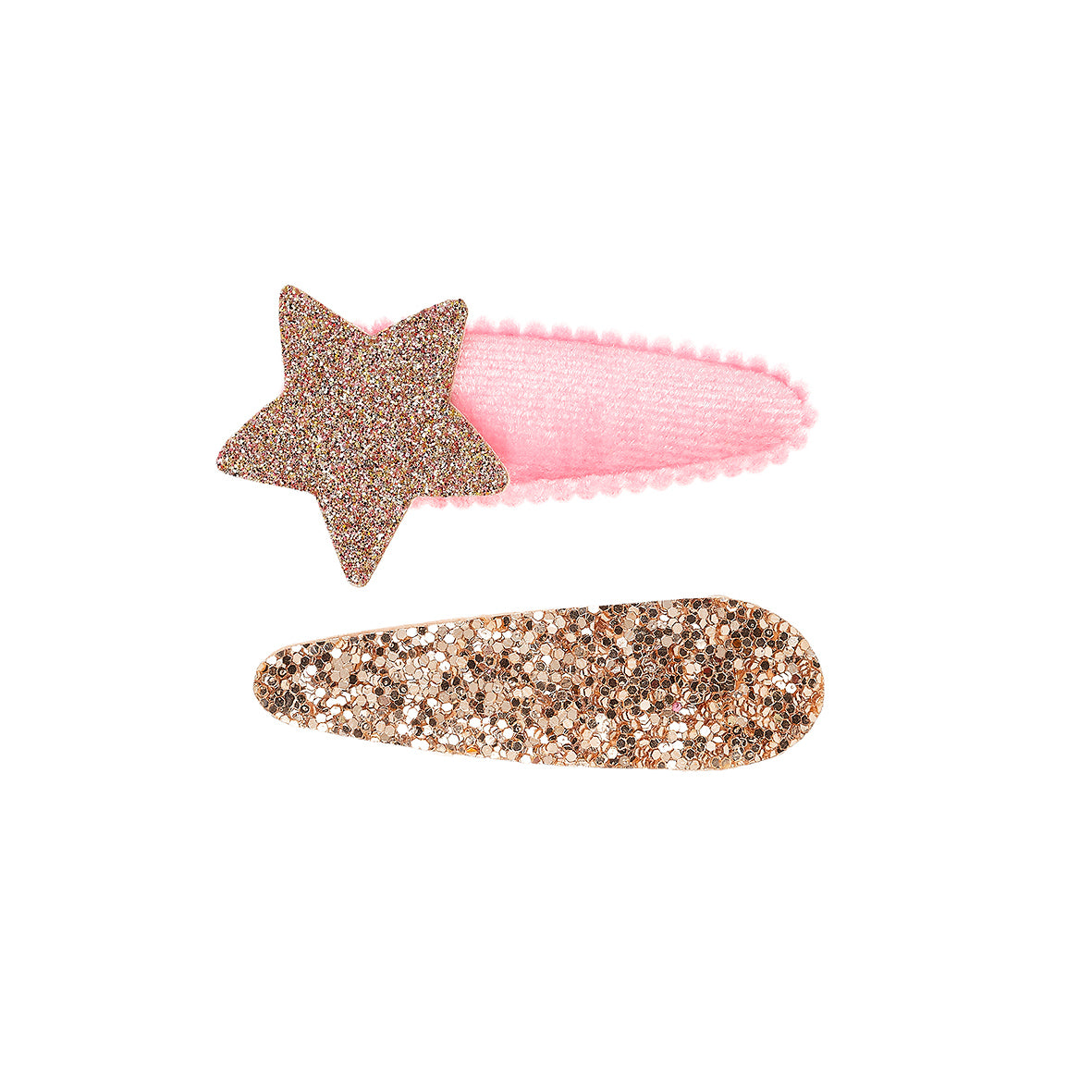 Two hair clips with glittery star and rectangular designs on a white background by Souza!