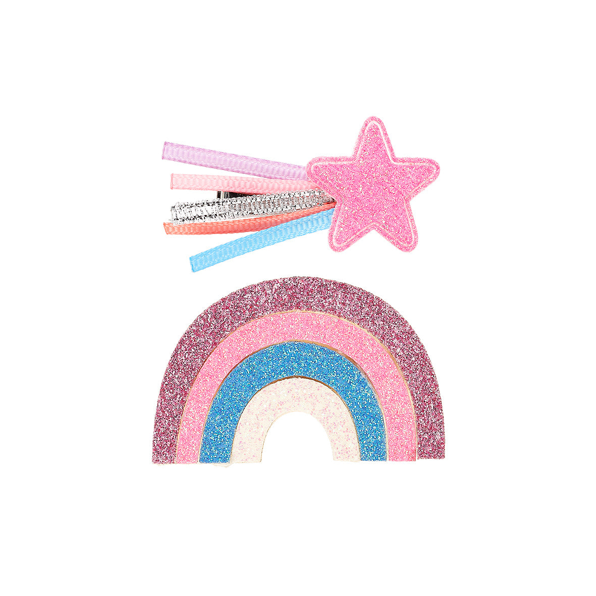 Glittery rainbow and star hair clip on a white background by Souza!