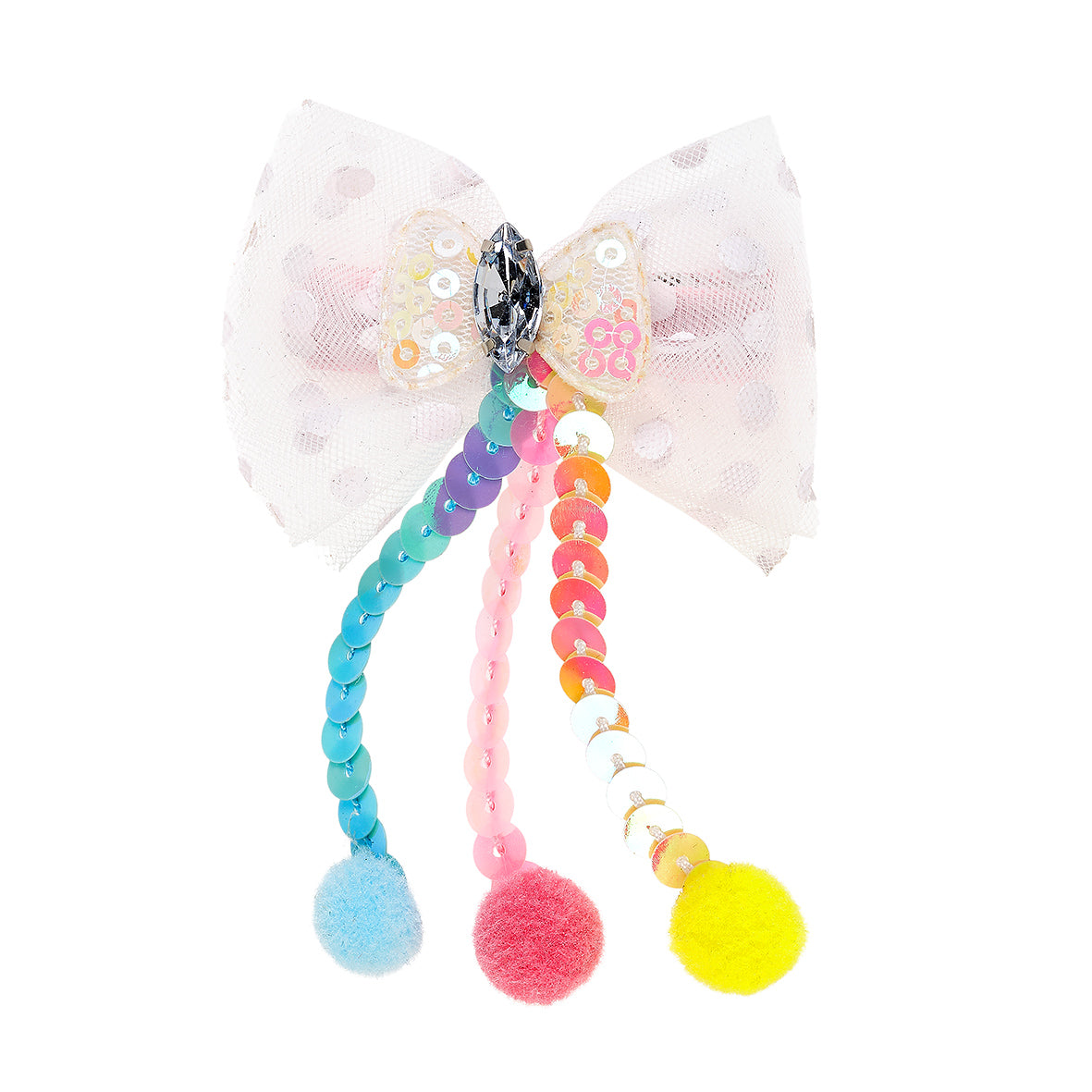 Colorful hair bow with beads and pom-poms on a white background by Souza!
