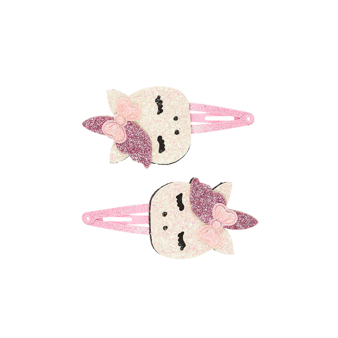 Two ghost-shaped hair clips with pink bows on a white background by Souza!