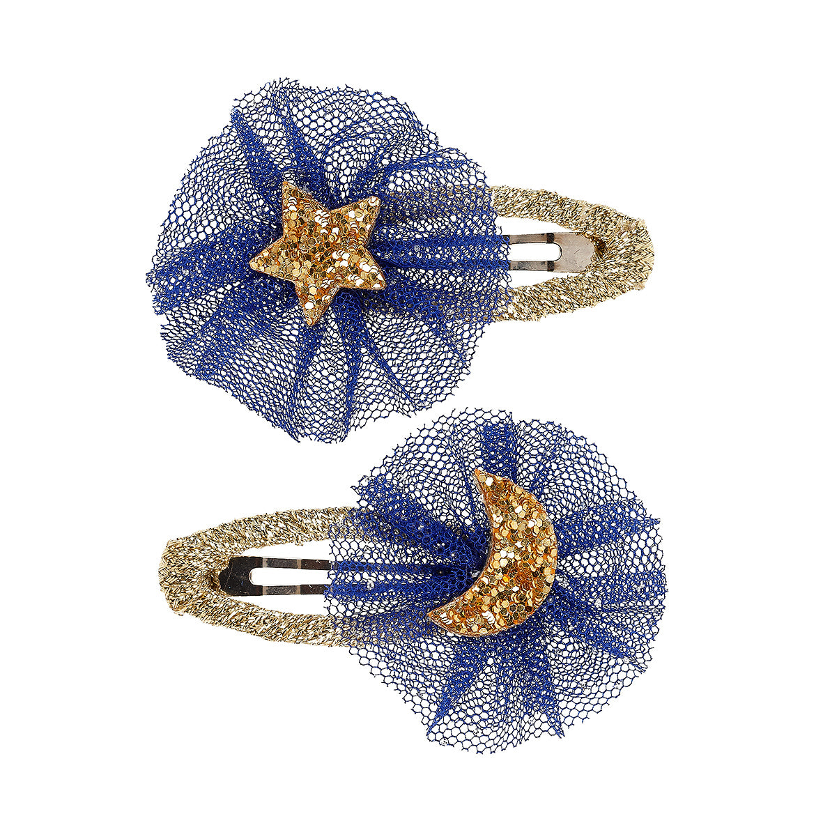 Two decorative hair clips with blue tulle and gold star and moon designs on a white background  by Souza!