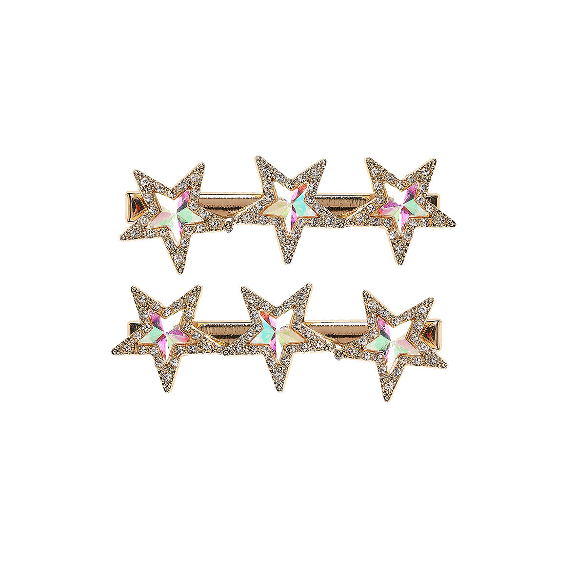 Set of five star-shaped hair clips with rhinestone accents on a white background  by Souza!