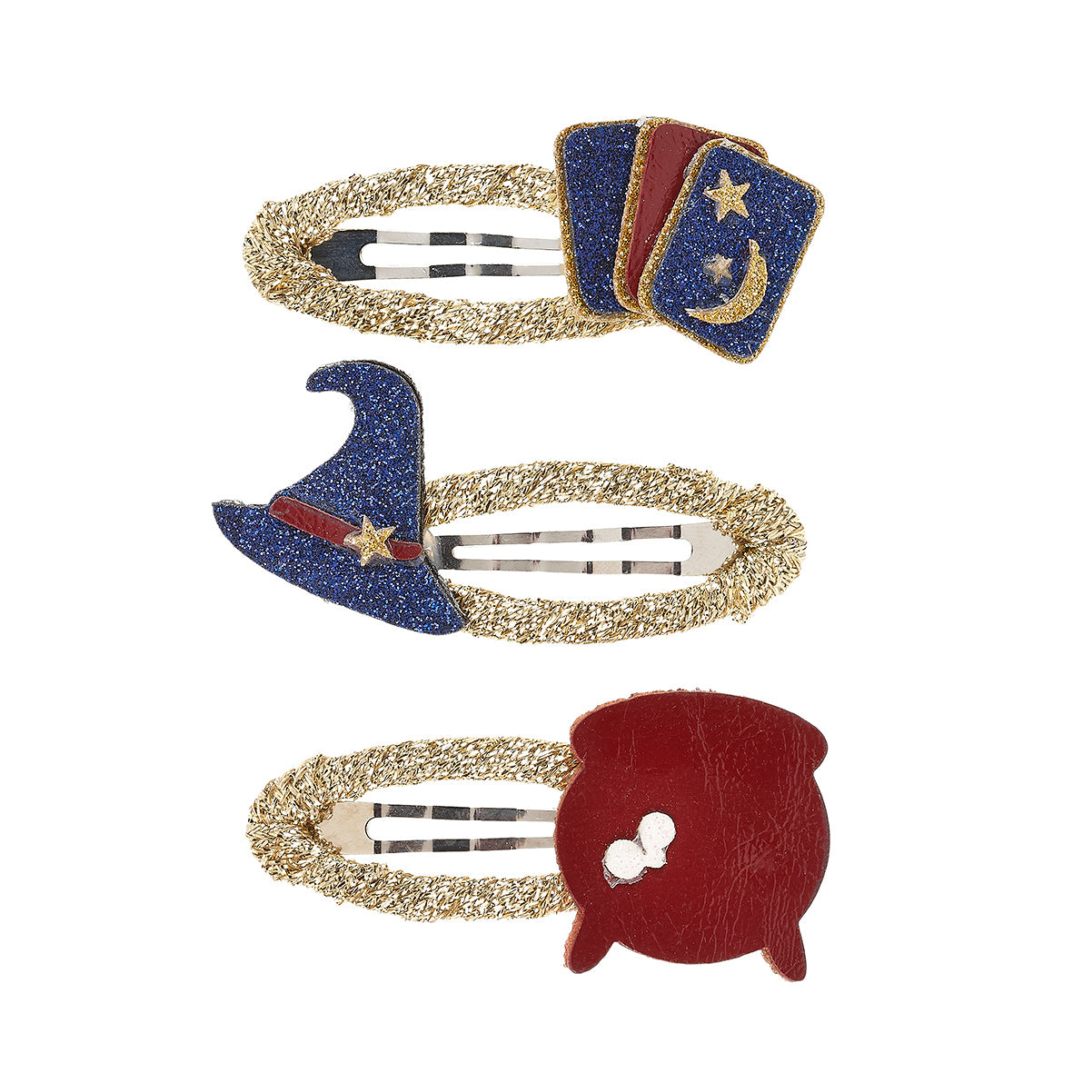 Set of four decorative hair clips with wizard hat, cauldron, and star designs on a white background by Souza!