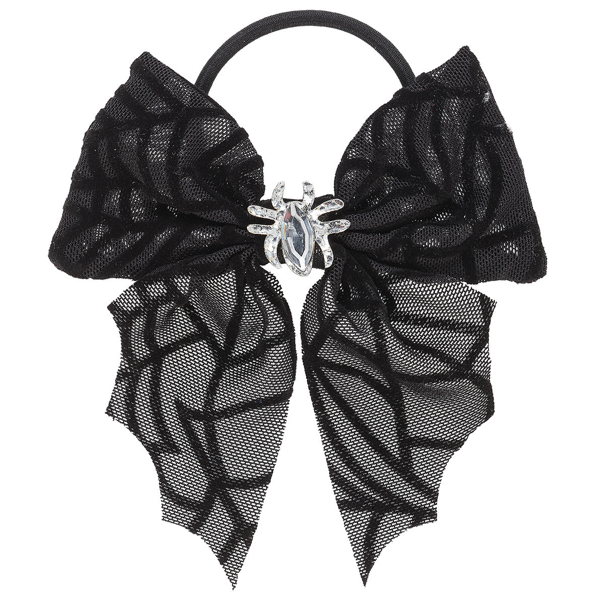 Black mesh hair bow with a spider design and gemstone center on a white background  by Souza!
