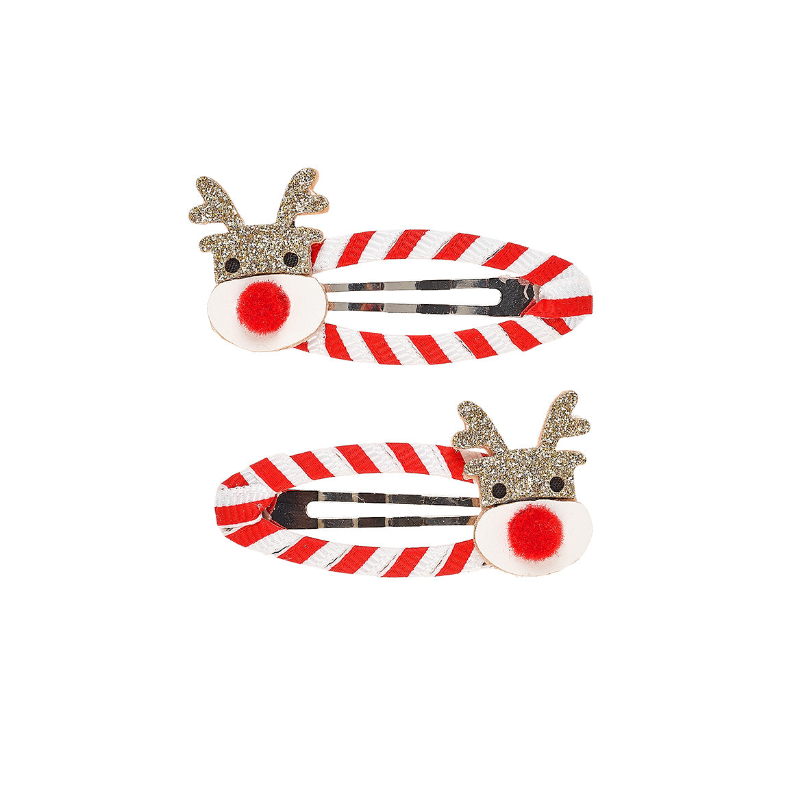 Two reindeer-themed hair clips with candy cane design on a white  background by Souza!