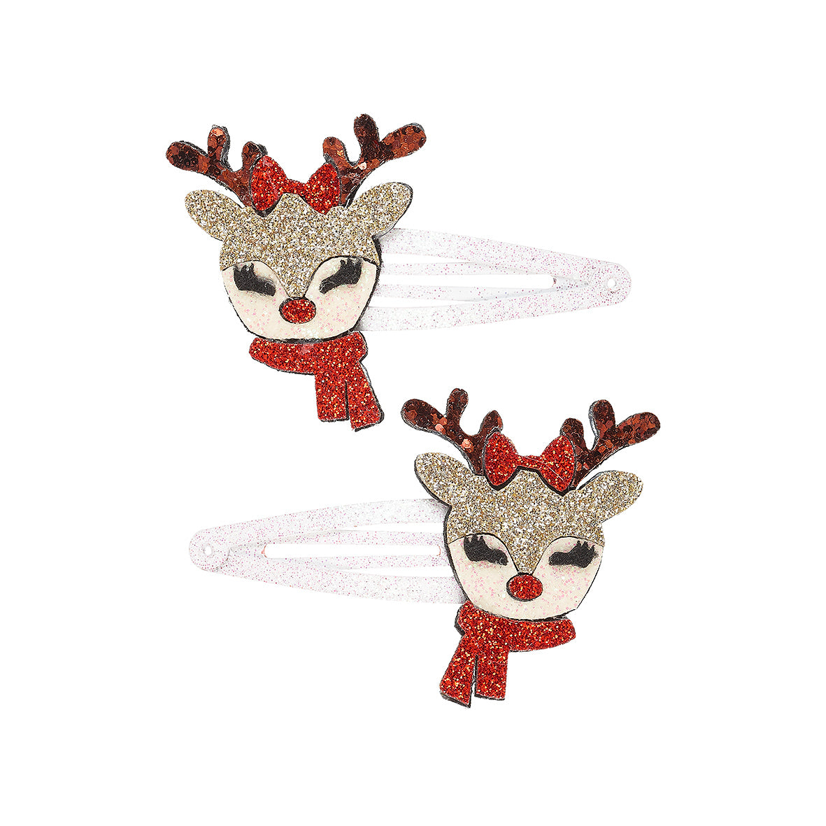 Two reindeer-shaped hair clips with glittery textures on a white background by Souza!
