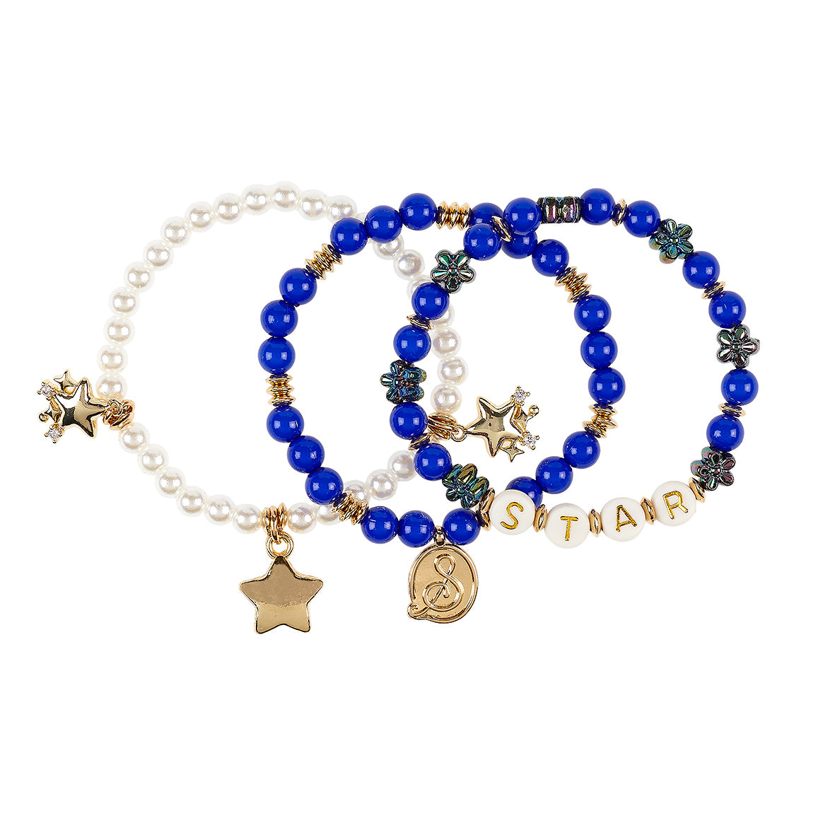 Three beaded bracelets with star and name charms on a white background
