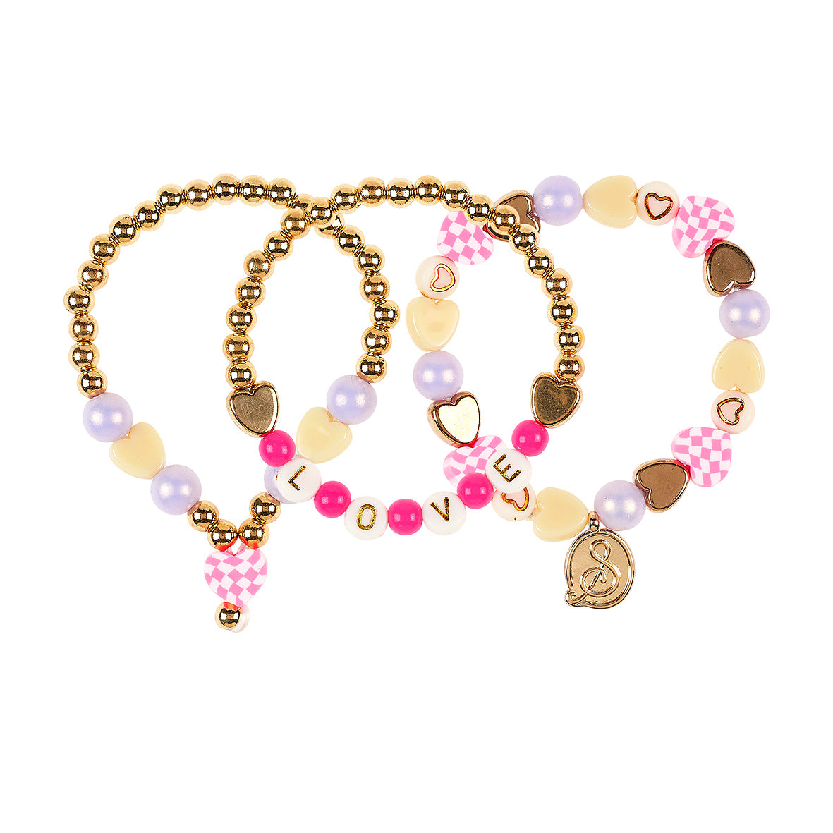 Set of colorful beaded bracelets with gold accents on a white background