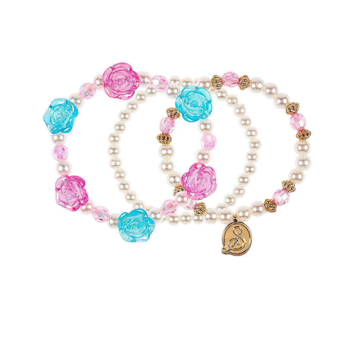 Necklace with pearls, pink and blue rose-shaped beads, and a gold charm on a white background