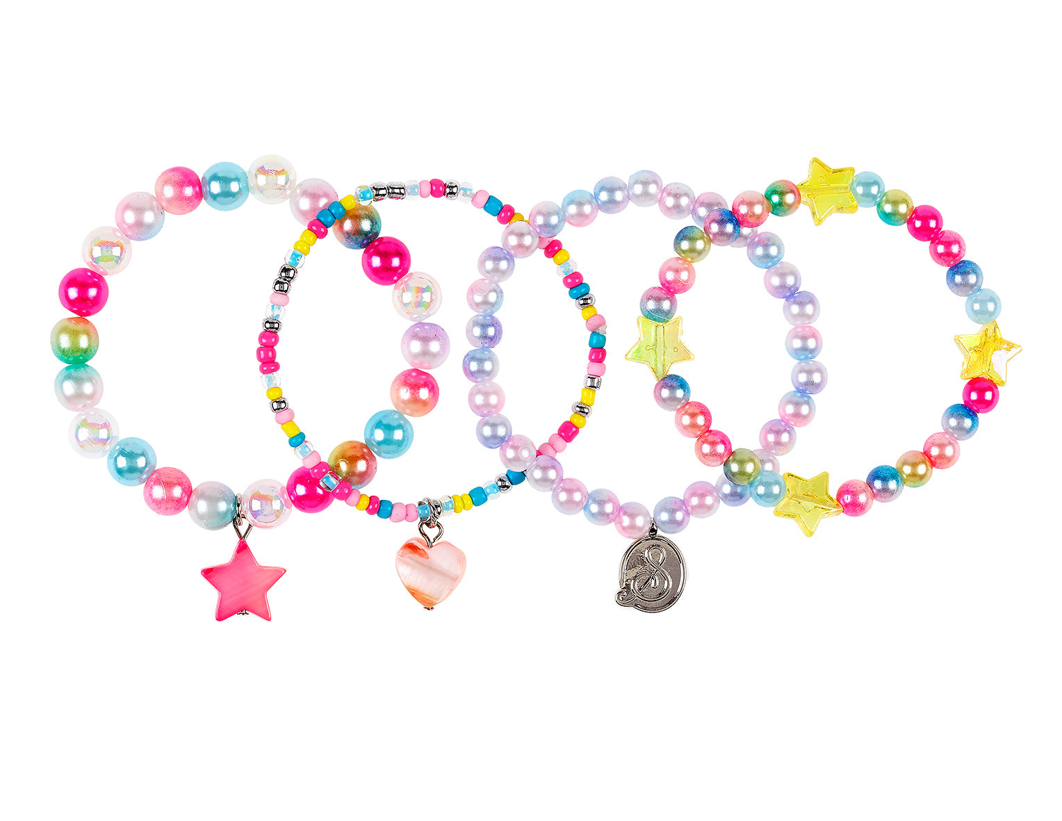 Set of colorful beaded bracelets with star and heart charms on a white background