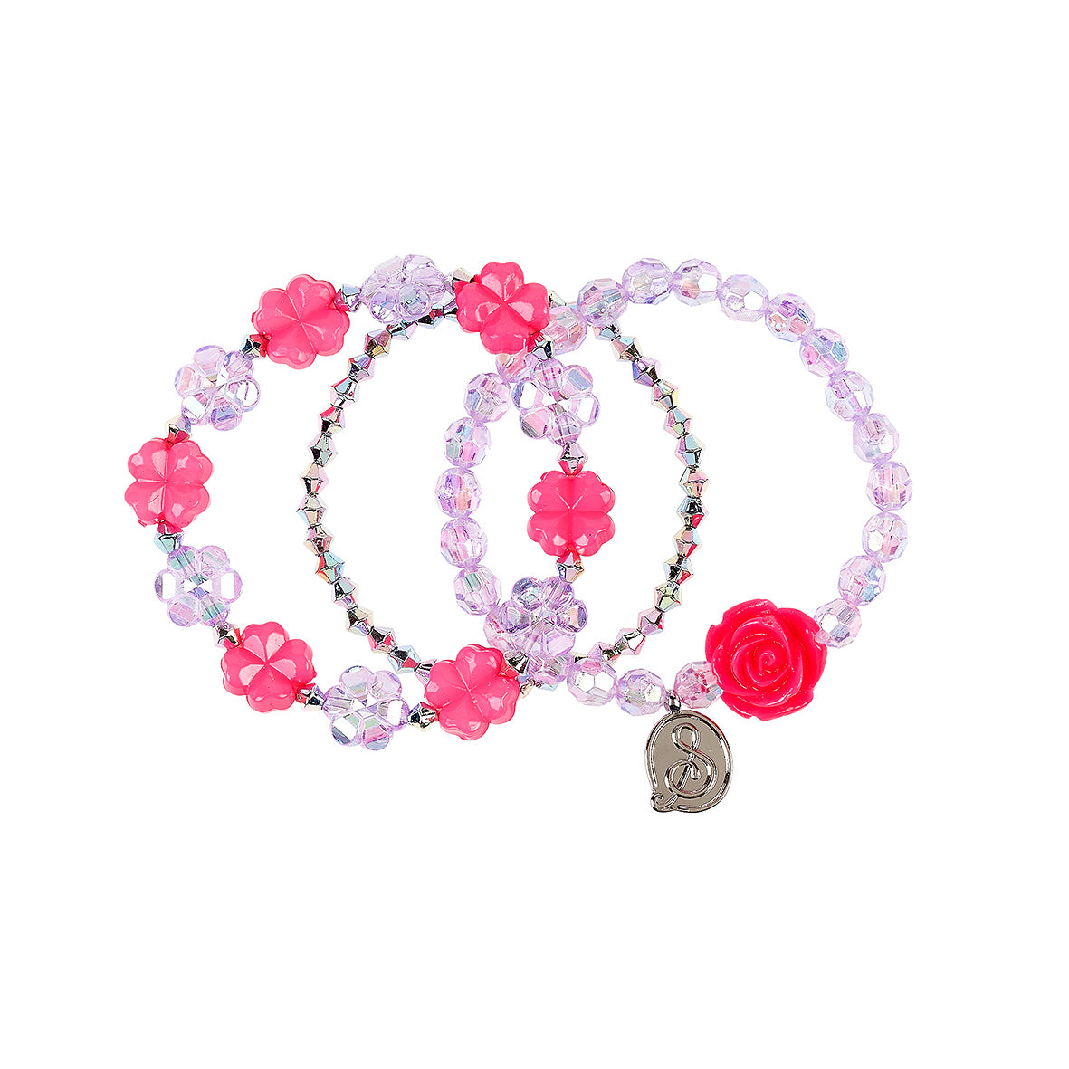 Set of 3 pink and purple beaded bracelets with rose charms on a white background