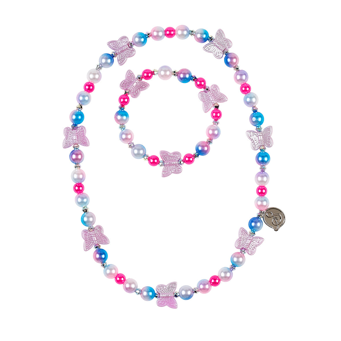 Necklace and bracelet set with butterfly-shaped beads on a white background