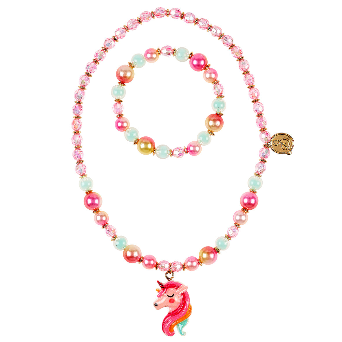 Necklace with a unicorn charm and matching bracelet on a white background