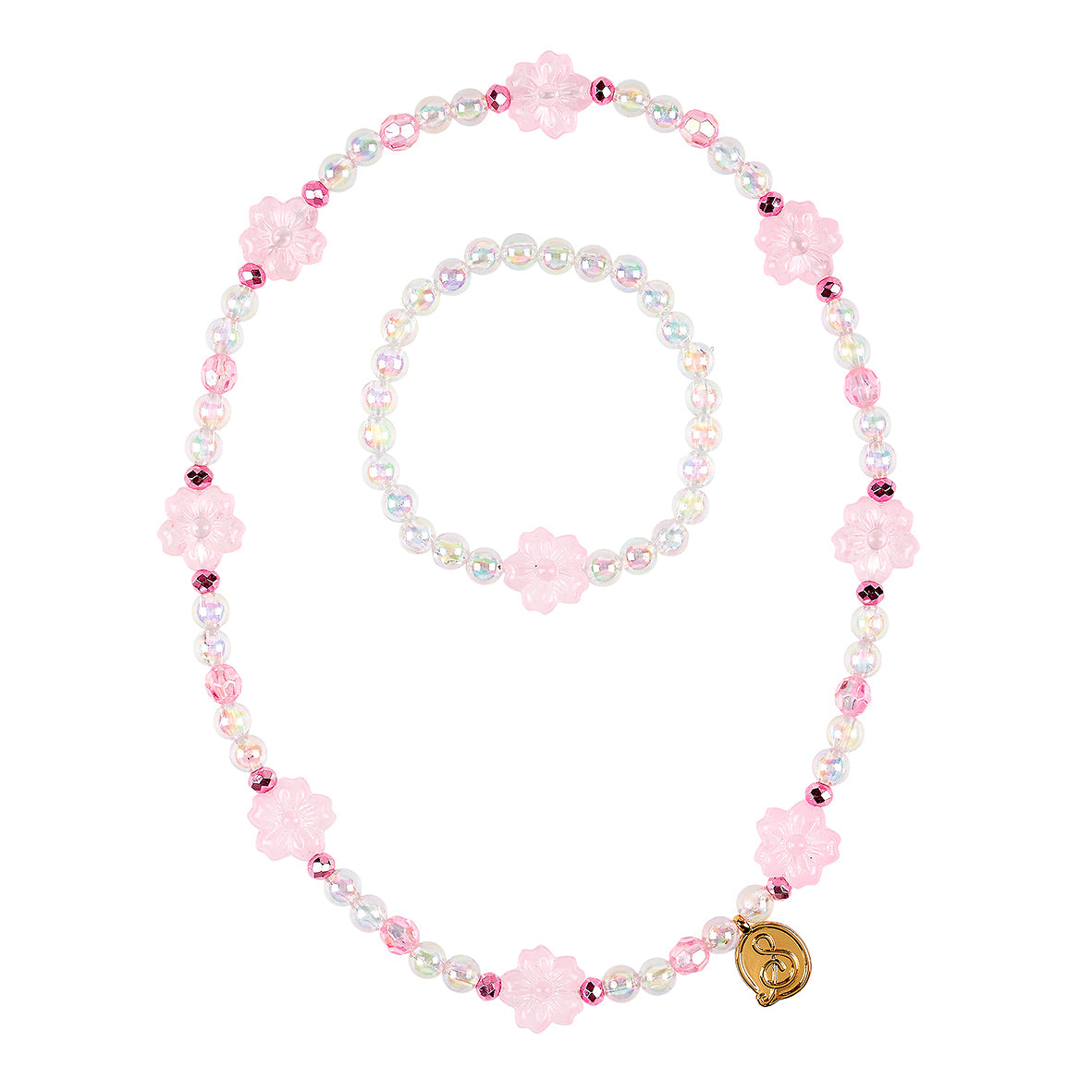 Necklace and bracelet set with pink floral beads and a gold charm on a white background
