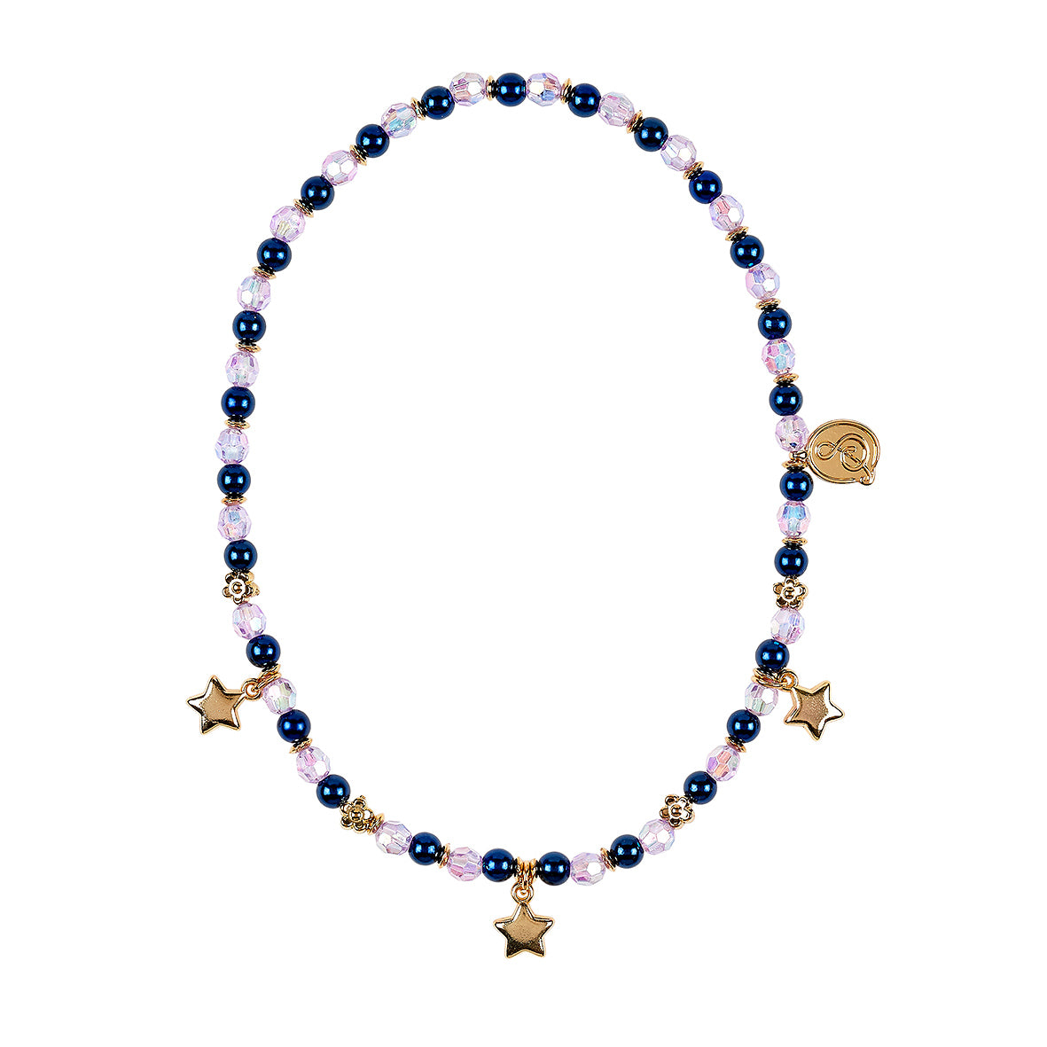 Necklace with blue and pink beads and gold star charms on a white background