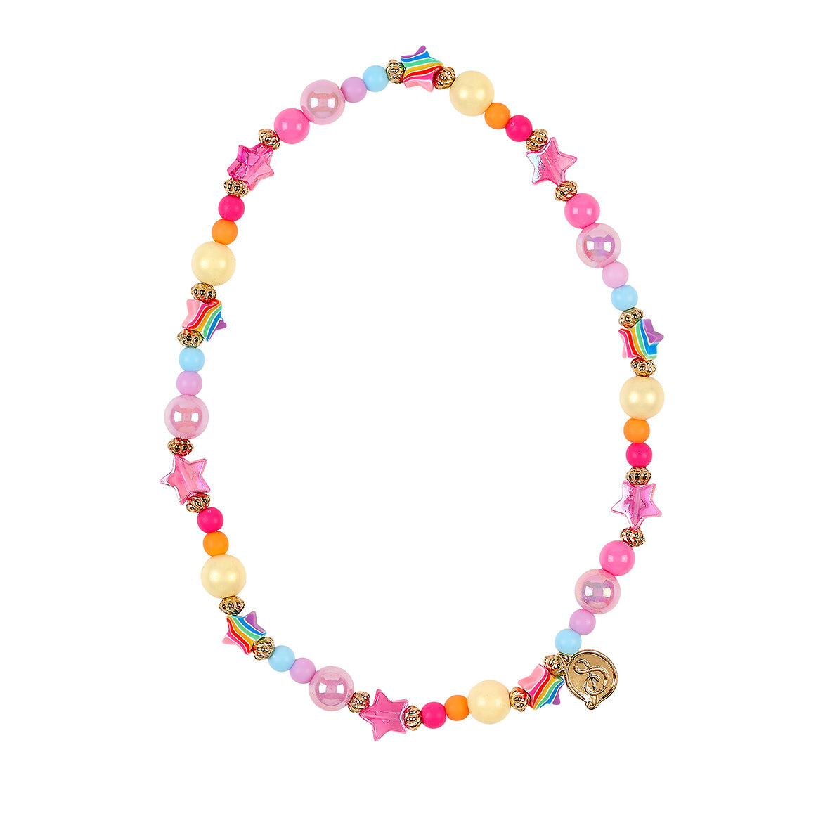 Colorful beaded necklace with rainbow and star charms on a white background