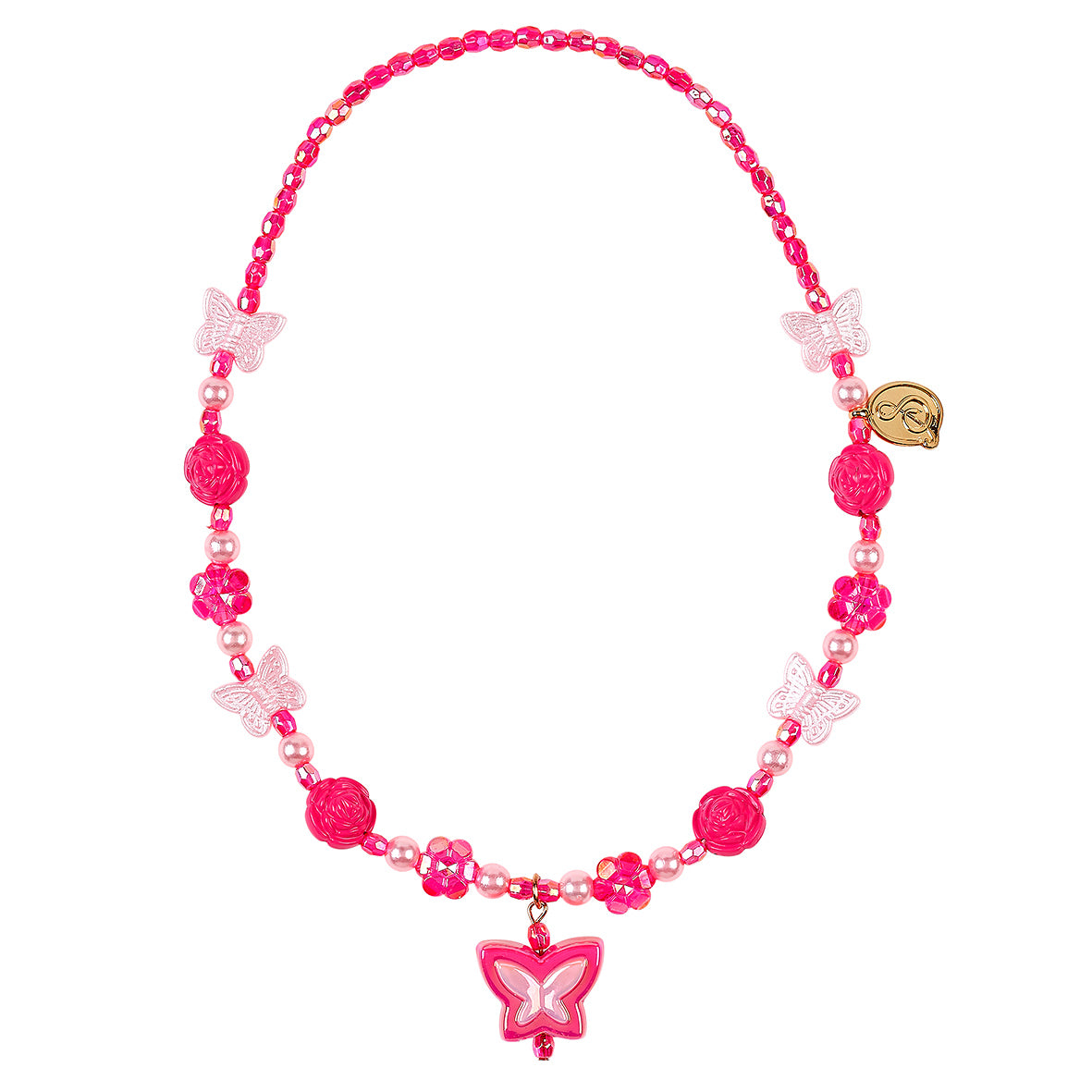 Pink beaded necklace with butterfly charms on a white background
