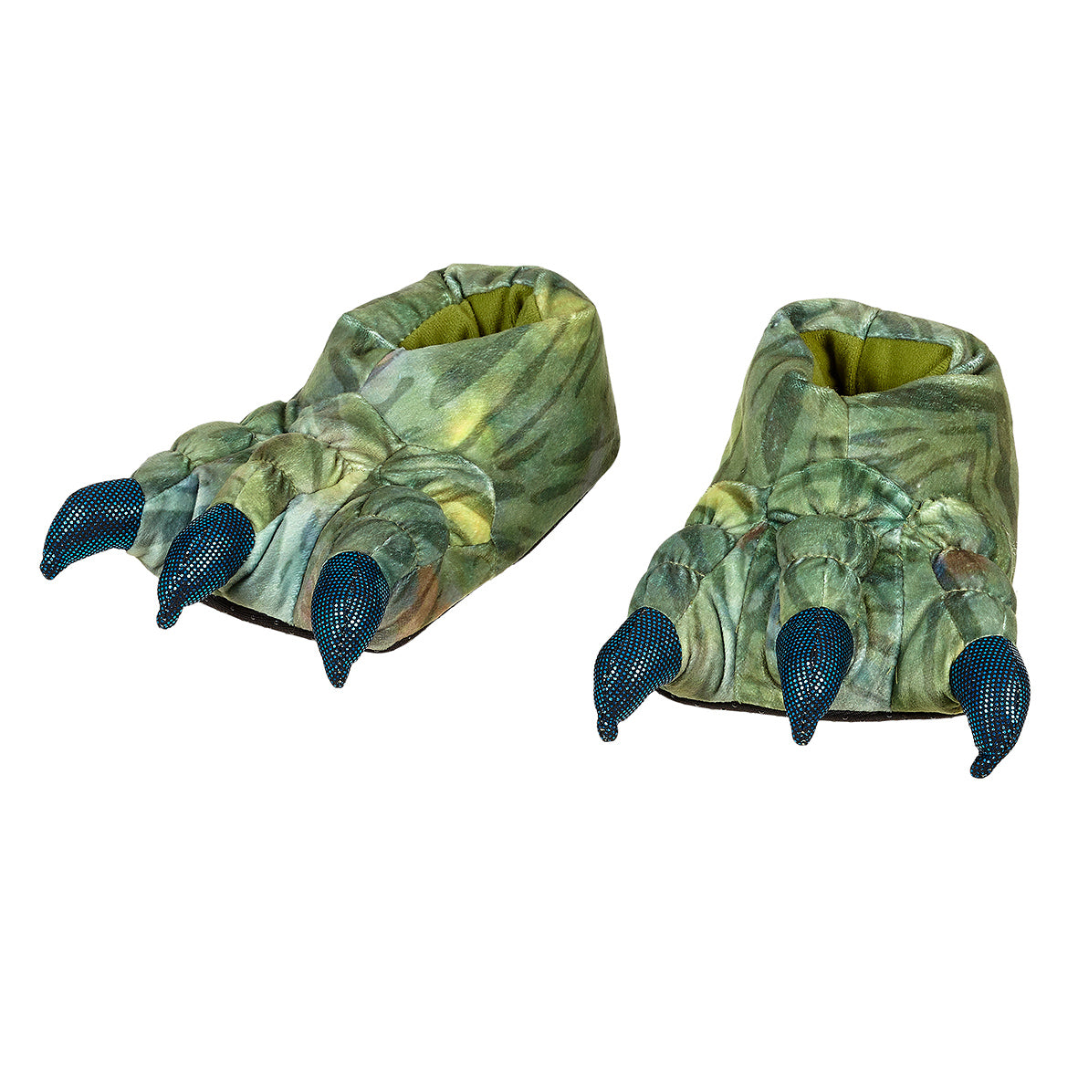 Pair of green dinosaur foot slippers with blue nails by Souza!