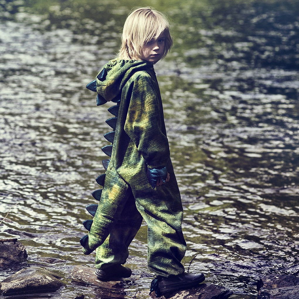 A child wearing a green dinosaur-style hooded jumpsuit stands on rocks in shallow water beside a river, Souza!