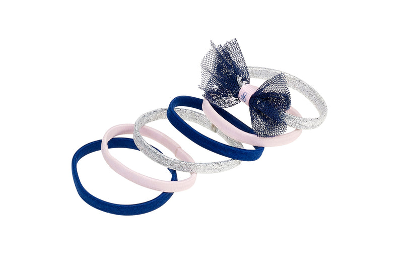 Haar elastiek Lana, met strik zilver-roze-marine blauw (6 stuks/kaartje)