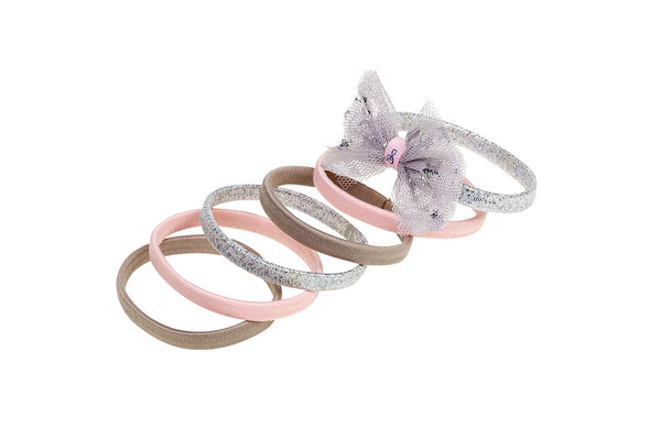Hair elastic Lana, with bow silver-pink-sand (6 pcs/card)