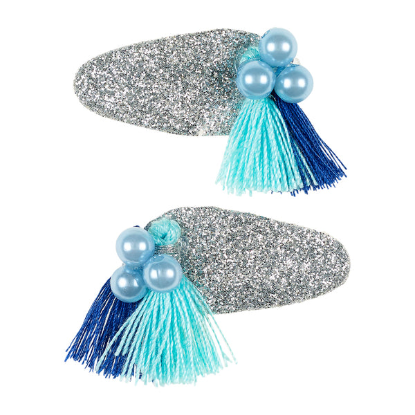 Hair clips Lyla, silver-tassle blue pearl (2 pcs/card)