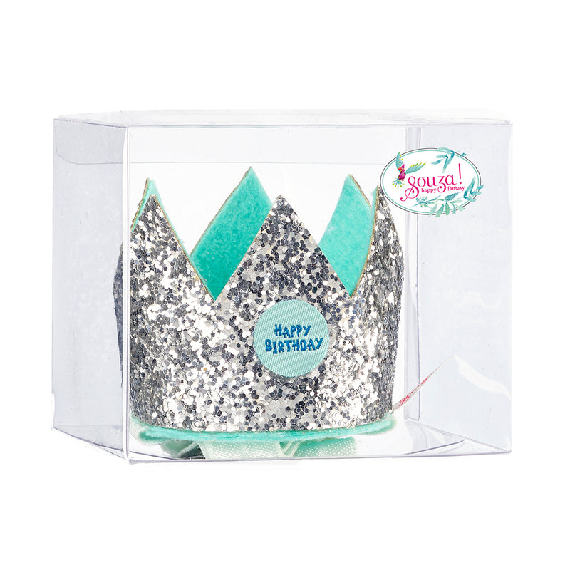 Verjaardagskroon zilver op elastieken haarband in cadeaudoos